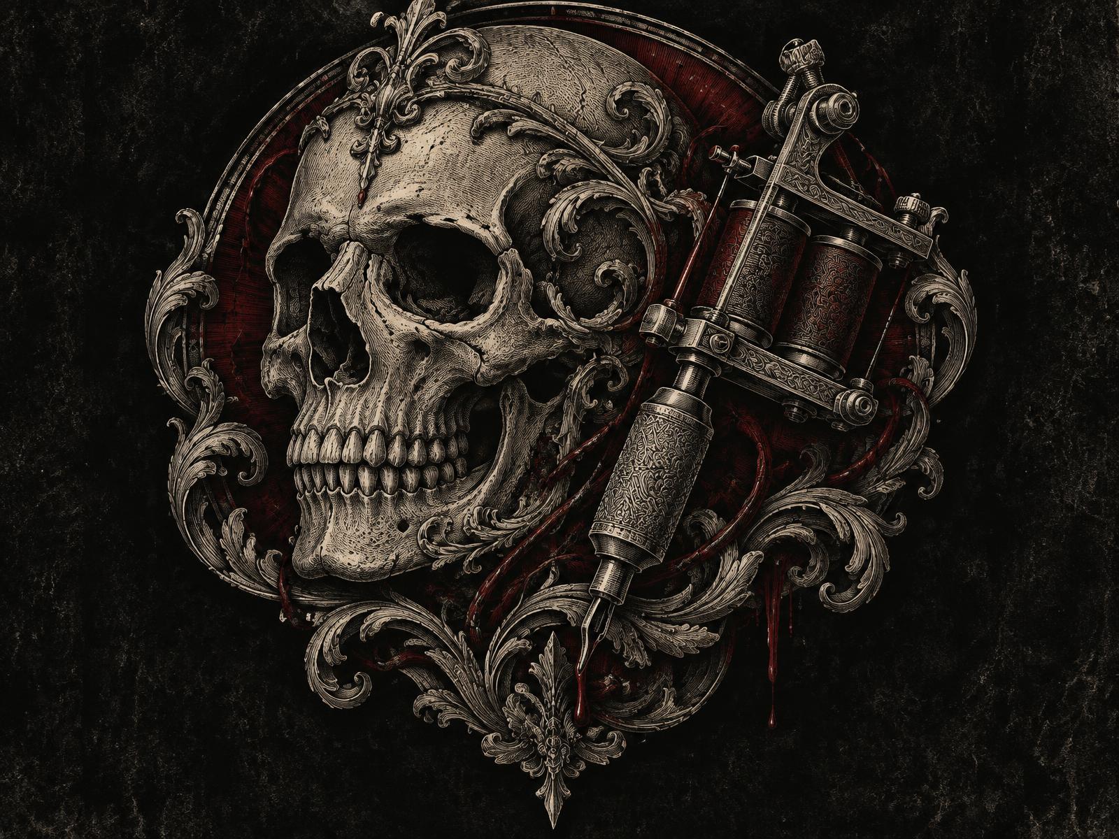 Engraved skull and tattoo machine framed by ornamental scrollwork